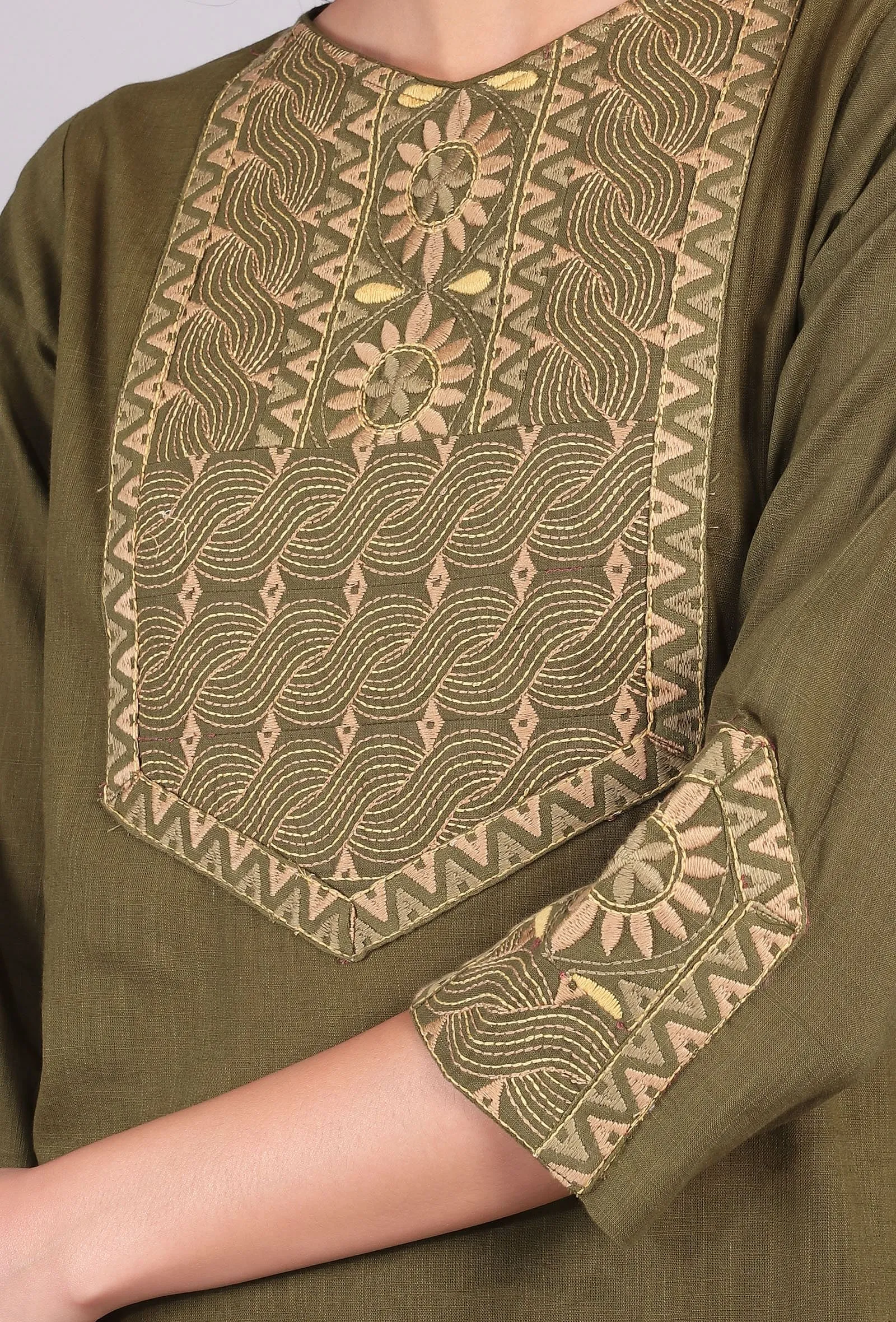 Olive Green Kantha Long Kurta