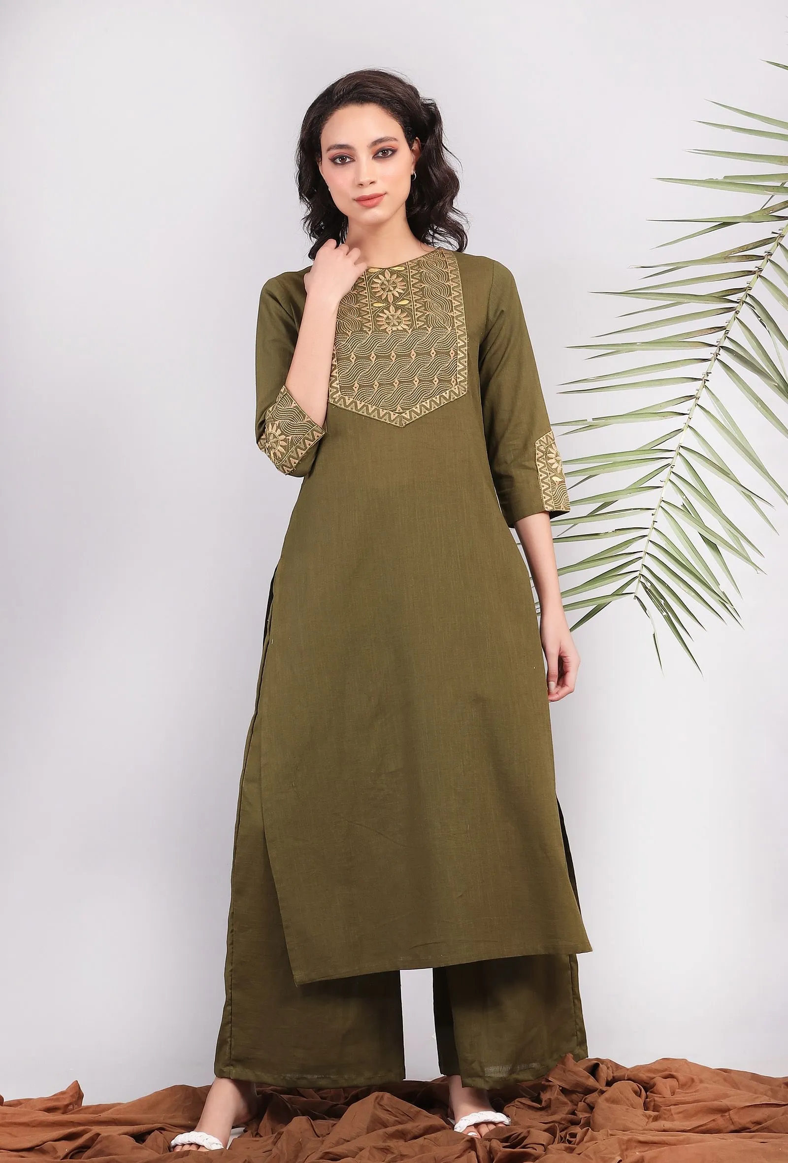 Olive Green Kantha Long Kurta