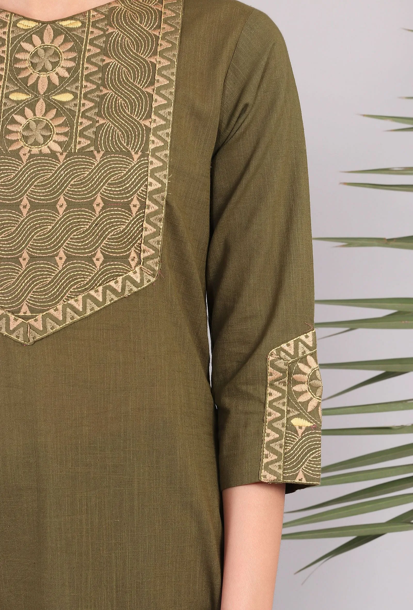 Olive Green Kantha Long Kurta