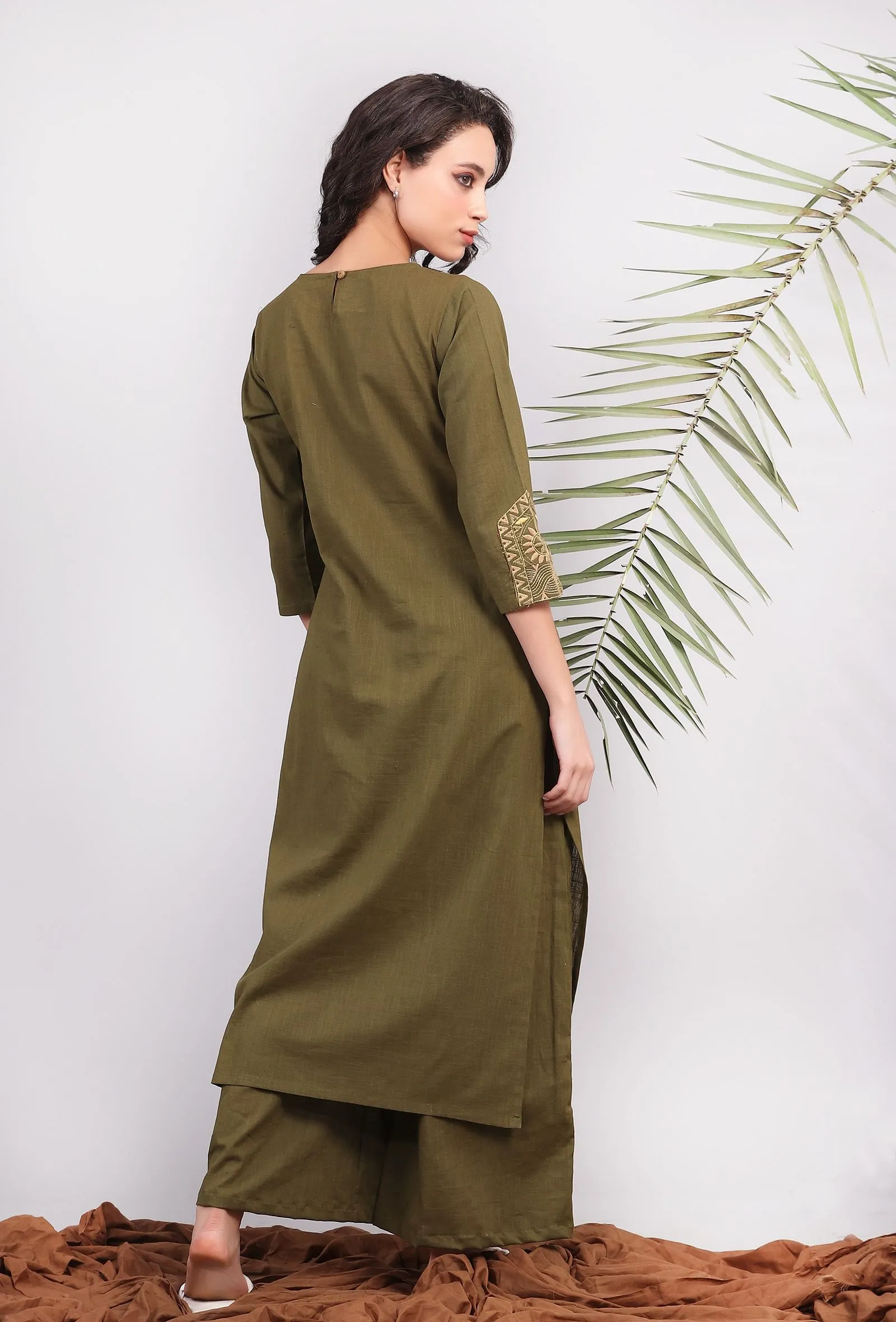 Olive Green Kantha Long Kurta