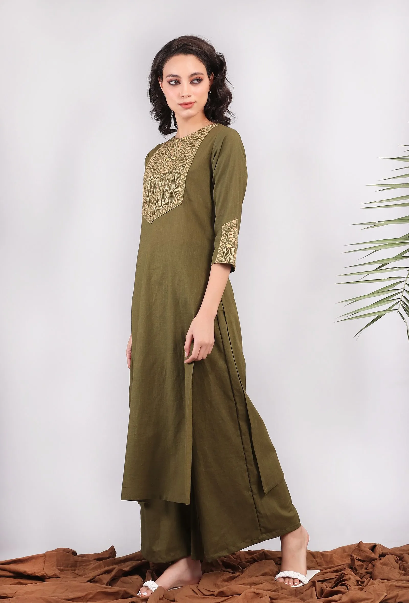 Olive Green Kantha Long Kurta