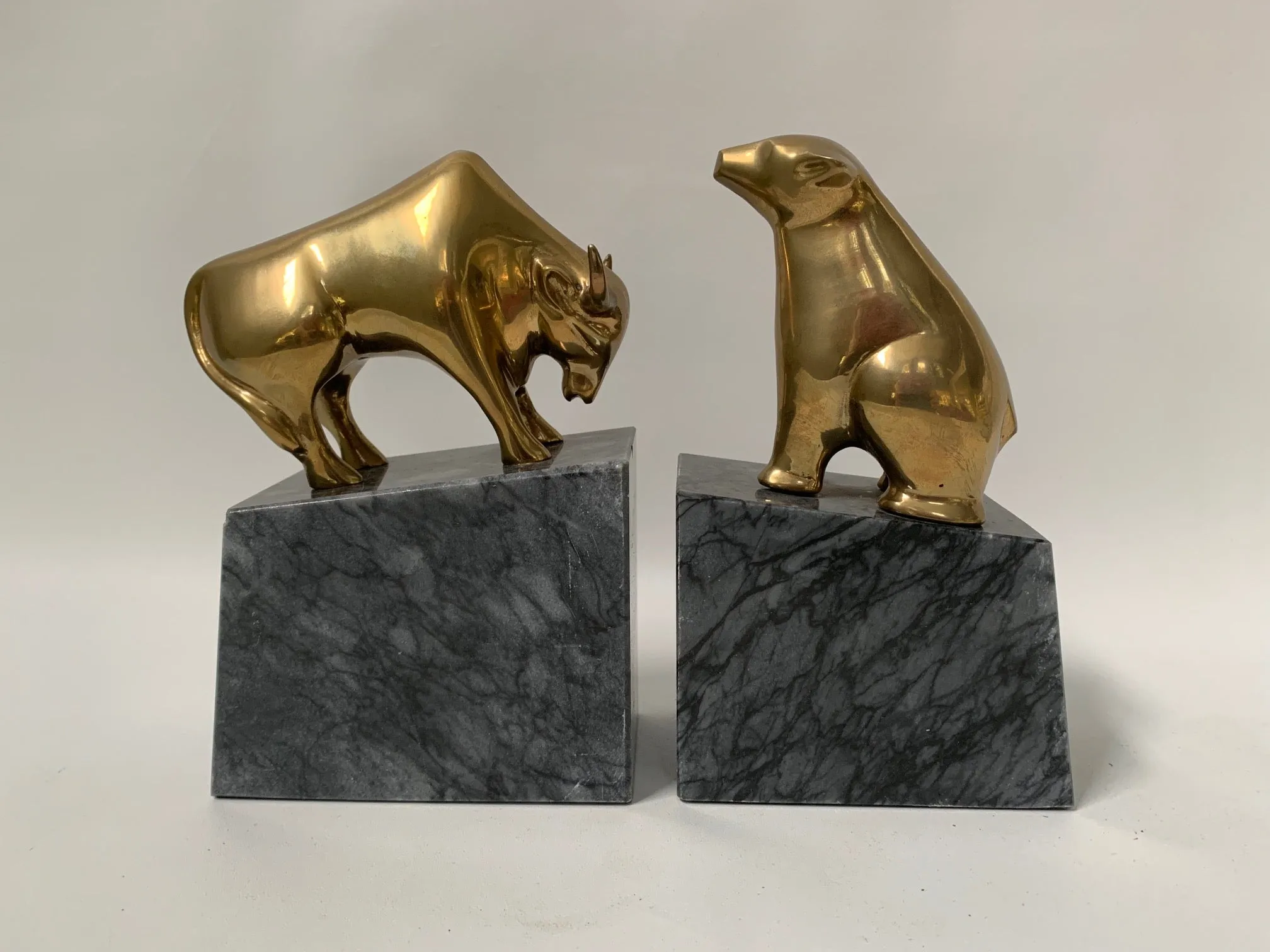 Pair of Brass Bear and Bull Bookends