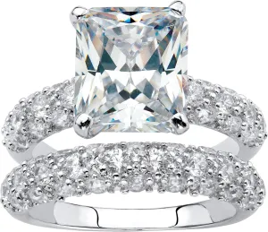PalmBeach Jewelry Platinum Plated Emerald Cut and Pave Set Cubic Zirconia 2 Piece Bridal Ring Set