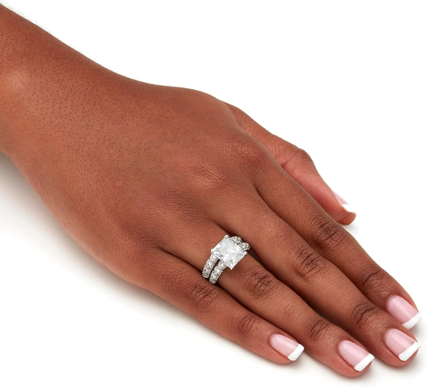 PalmBeach Jewelry Platinum Plated Emerald Cut and Pave Set Cubic Zirconia 2 Piece Bridal Ring Set