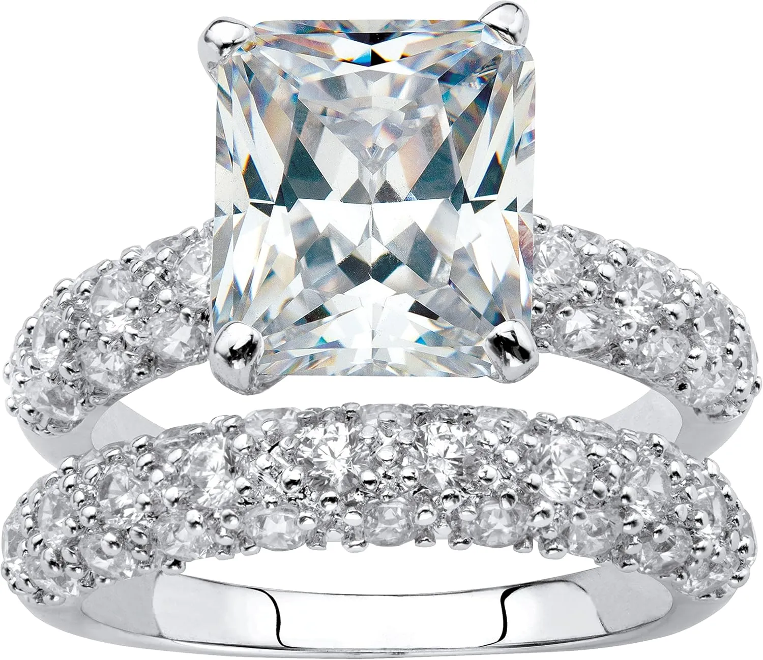 PalmBeach Jewelry Platinum Plated Emerald Cut and Pave Set Cubic Zirconia 2 Piece Bridal Ring Set