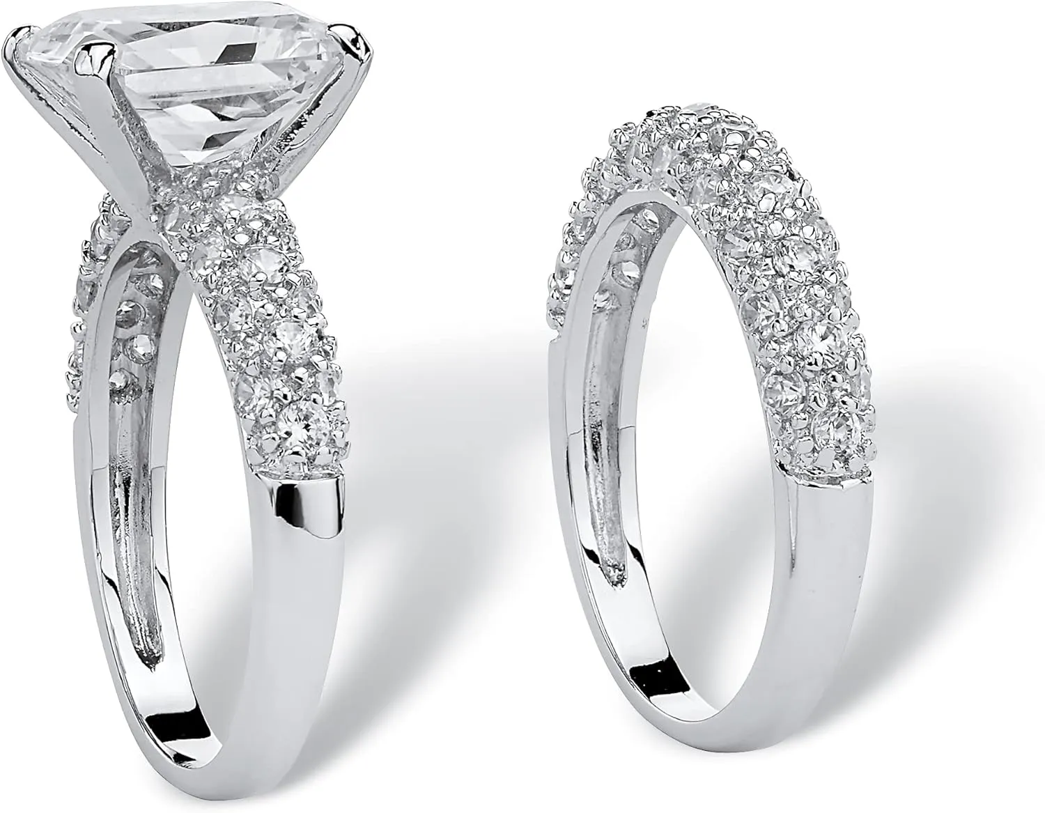 PalmBeach Jewelry Platinum Plated Emerald Cut and Pave Set Cubic Zirconia 2 Piece Bridal Ring Set