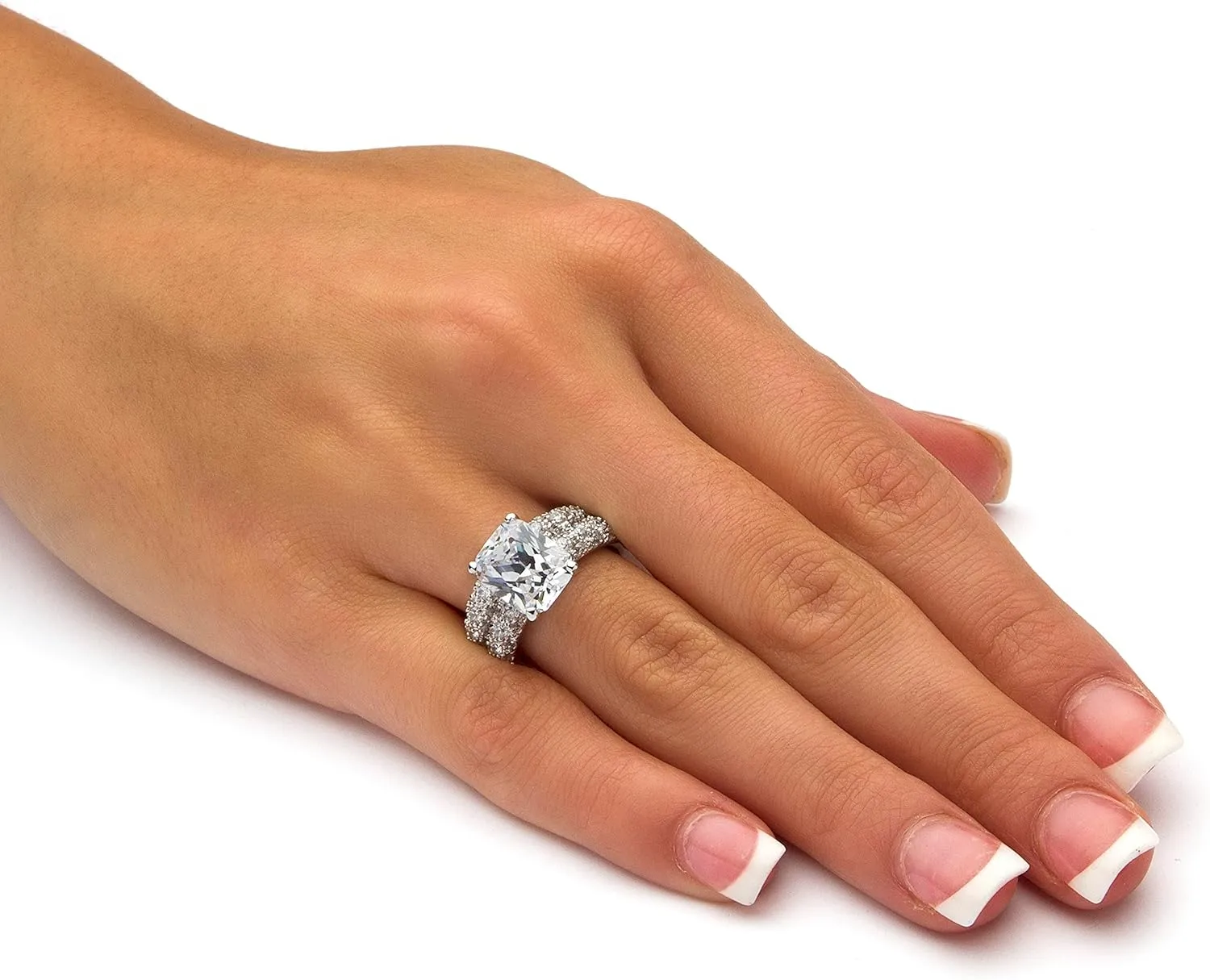 PalmBeach Jewelry Platinum Plated Emerald Cut and Pave Set Cubic Zirconia 2 Piece Bridal Ring Set