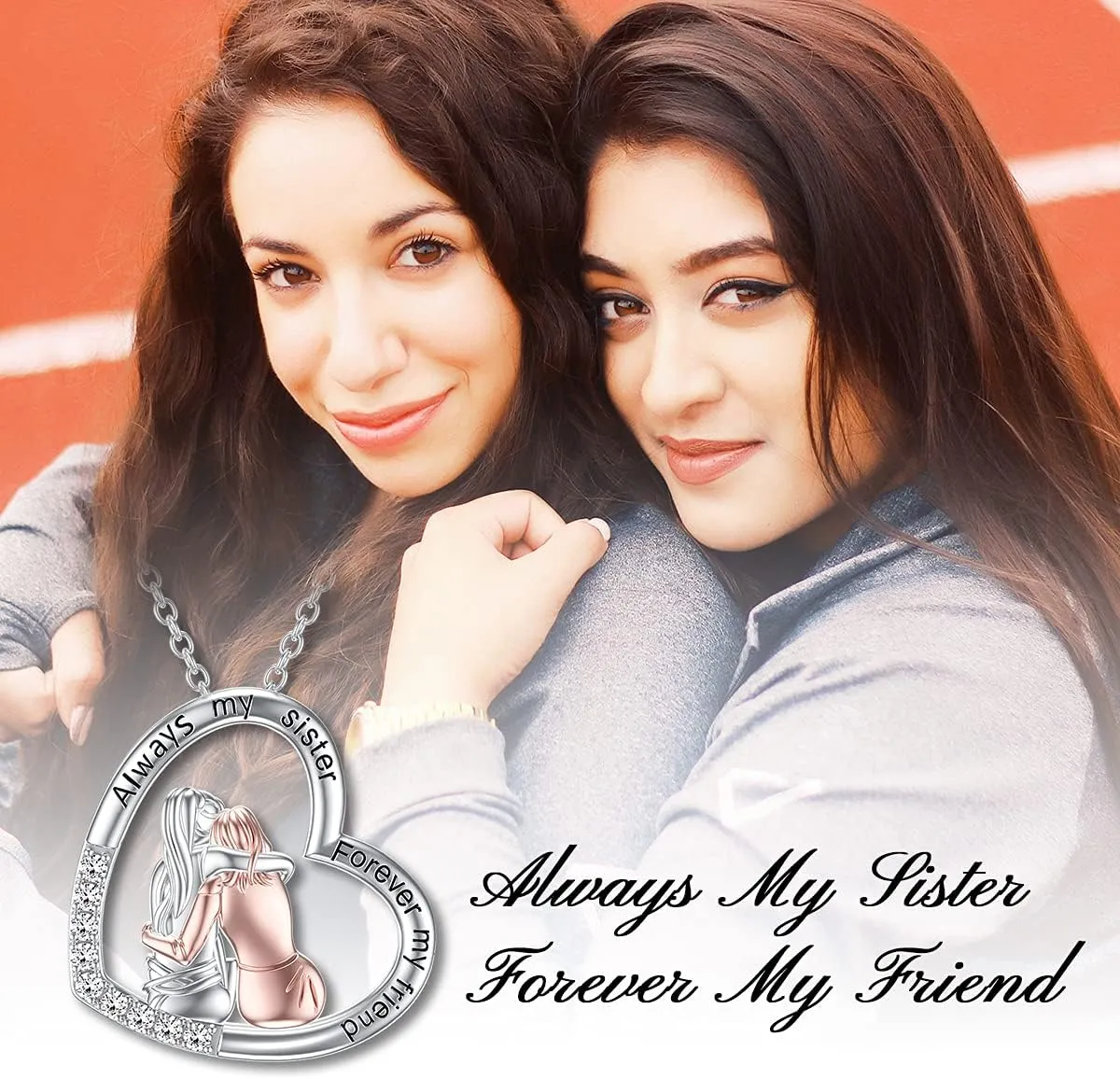 POPKIMI Gifts for Sister 2 3 4 5 Sisters Necklace Sterling Silver Crystal Fashion Jewelry Gifts for Women Friend Female Friendship Lasts Forever