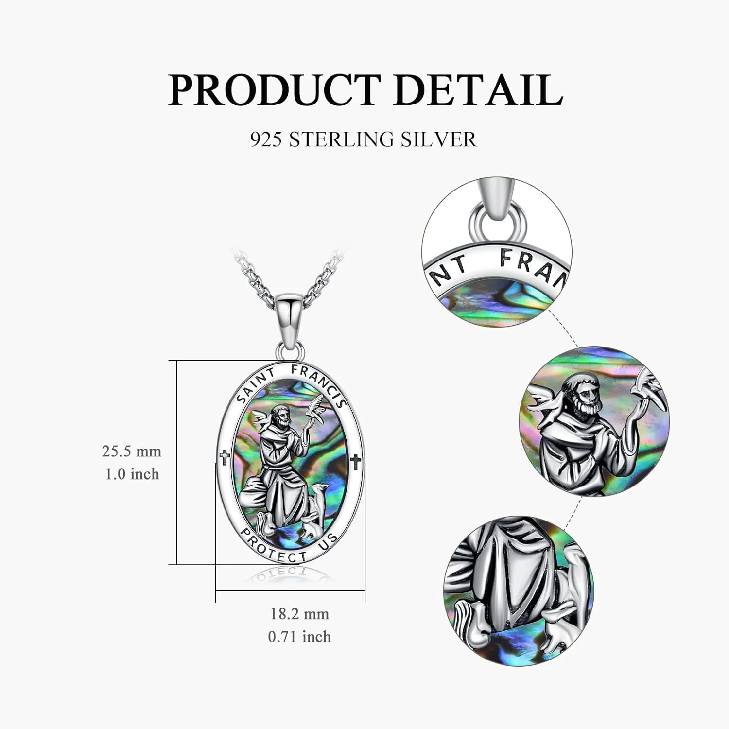 PROESS Saint Patrick/Francis/George/Archangel Gabriel/Holy Family Necklace 925 Sterling Silver Abalone Shell Protector Medal Pendant Catholic Jewelry for Women Men