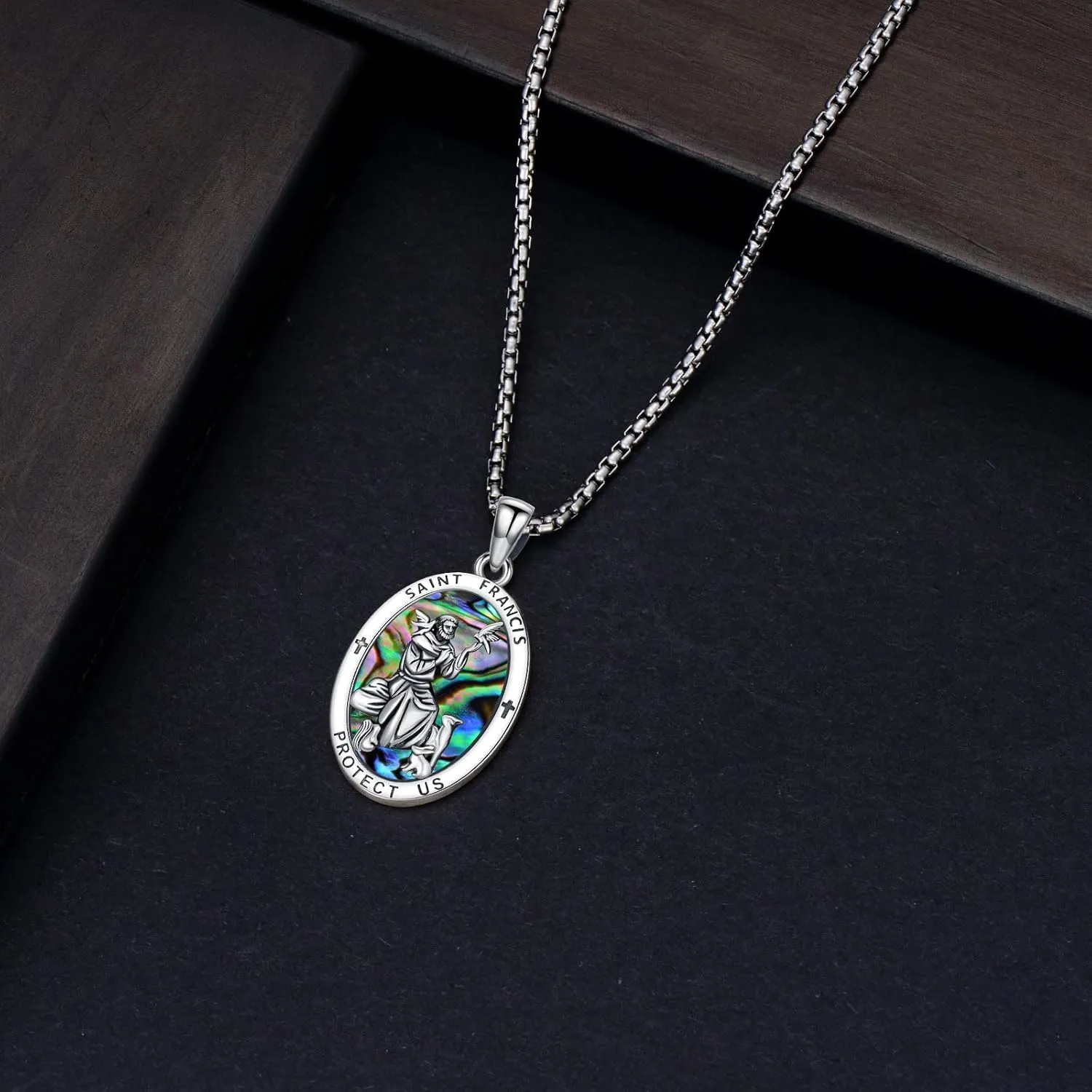 PROESS Saint Patrick/Francis/George/Archangel Gabriel/Holy Family Necklace 925 Sterling Silver Abalone Shell Protector Medal Pendant Catholic Jewelry for Women Men