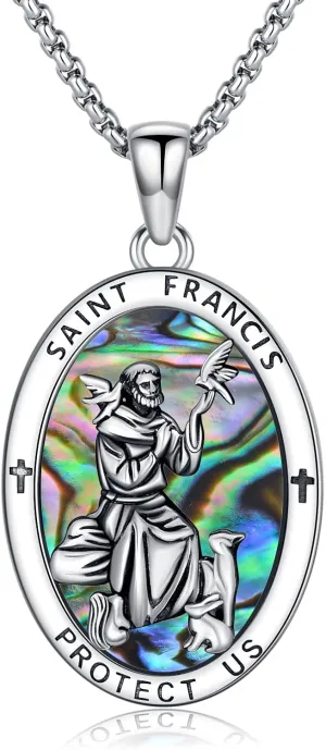PROESS Saint Patrick/Francis/George/Archangel Gabriel/Holy Family Necklace 925 Sterling Silver Abalone Shell Protector Medal Pendant Catholic Jewelry for Women Men