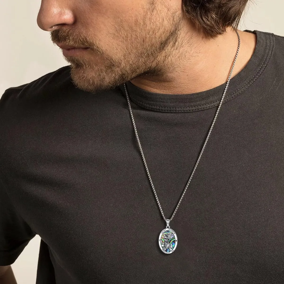PROESS Saint Patrick/Francis/George/Archangel Gabriel/Holy Family Necklace 925 Sterling Silver Abalone Shell Protector Medal Pendant Catholic Jewelry for Women Men