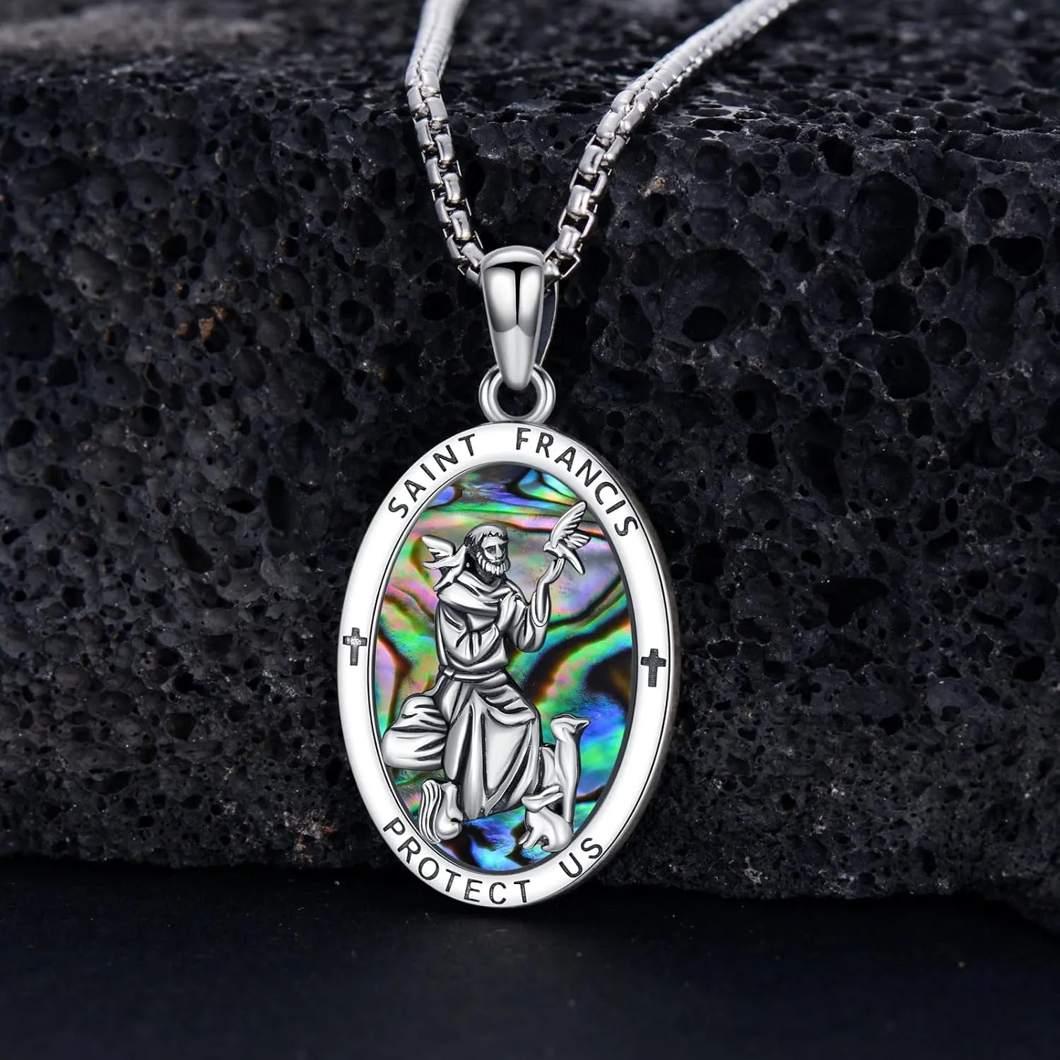 PROESS Saint Patrick/Francis/George/Archangel Gabriel/Holy Family Necklace 925 Sterling Silver Abalone Shell Protector Medal Pendant Catholic Jewelry for Women Men