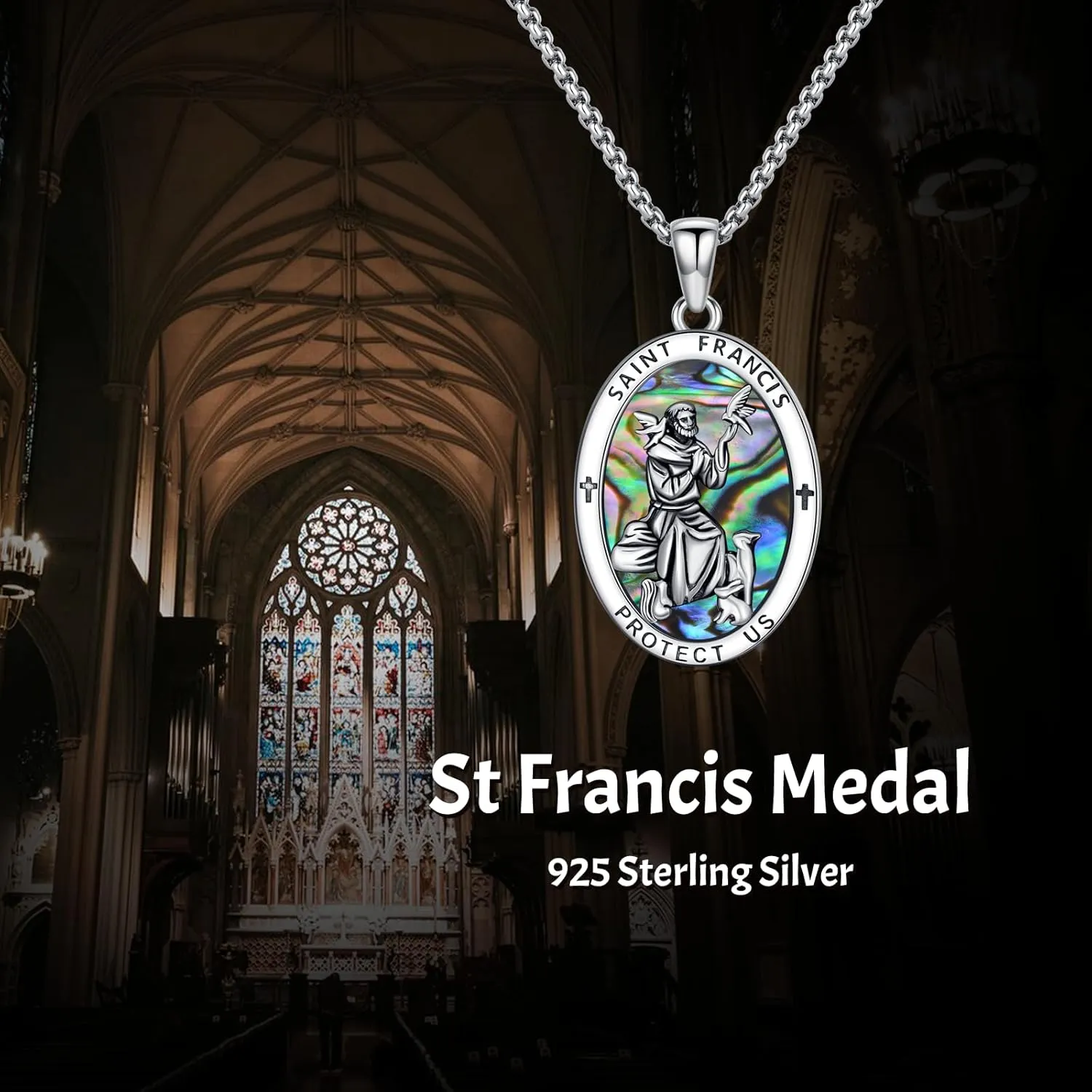 PROESS Saint Patrick/Francis/George/Archangel Gabriel/Holy Family Necklace 925 Sterling Silver Abalone Shell Protector Medal Pendant Catholic Jewelry for Women Men