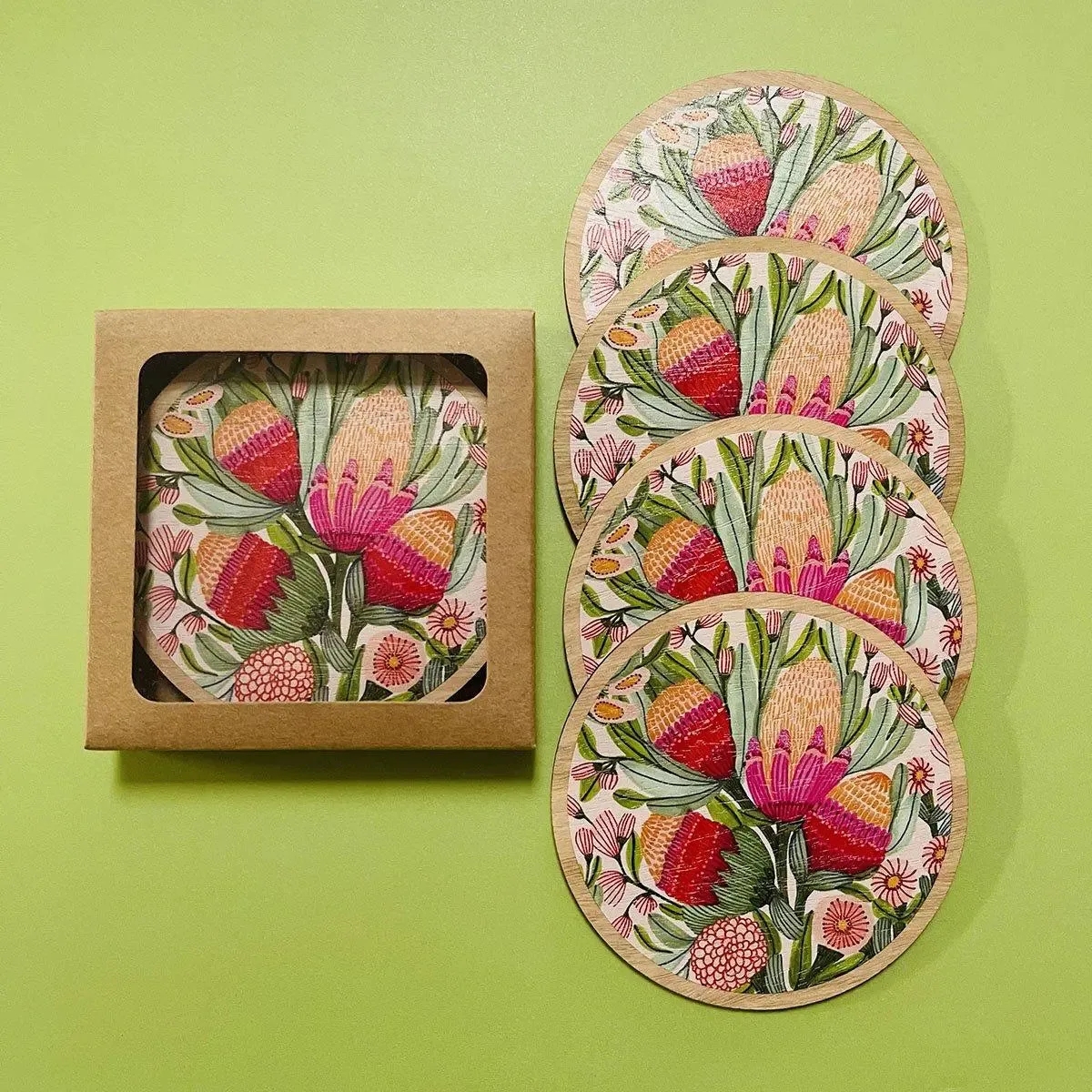 Protea & Gum Blossoms Australian Wooden Coaster Set