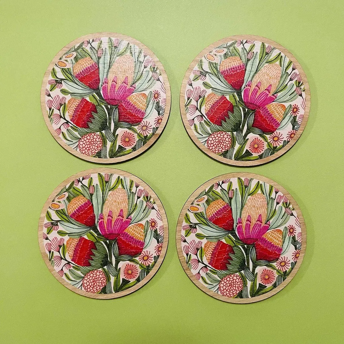 Protea & Gum Blossoms Australian Wooden Coaster Set