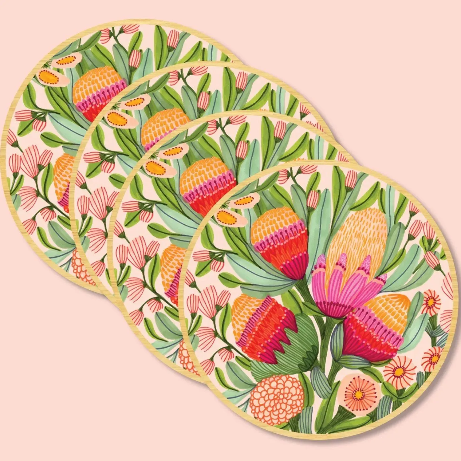 Protea & Gum Blossoms Australian Wooden Coaster Set