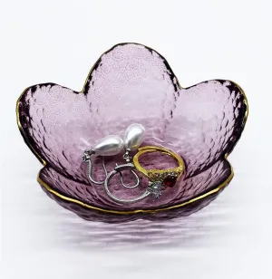 Purple Flower Ring Dish, Small Glass Jewlery Dish Tray, Crystal Jewelry Ring Holder Dish Trinket Bowl,Vanity Room Decor Engagement Gift Jewelry Bowl Dish for Rings,Earrings, Bathroom Soap Dish