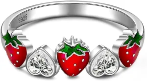 Red Strawberry Ring Sterling Silver Heart Sweet Fruit Strawberries Jewelry Birthday Gifts