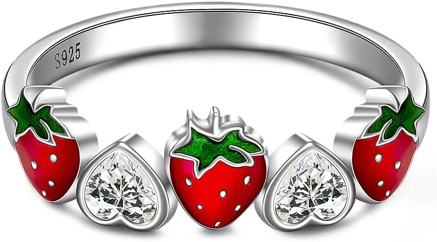 Red Strawberry Ring Sterling Silver Heart Sweet Fruit Strawberries Jewelry Birthday Gifts