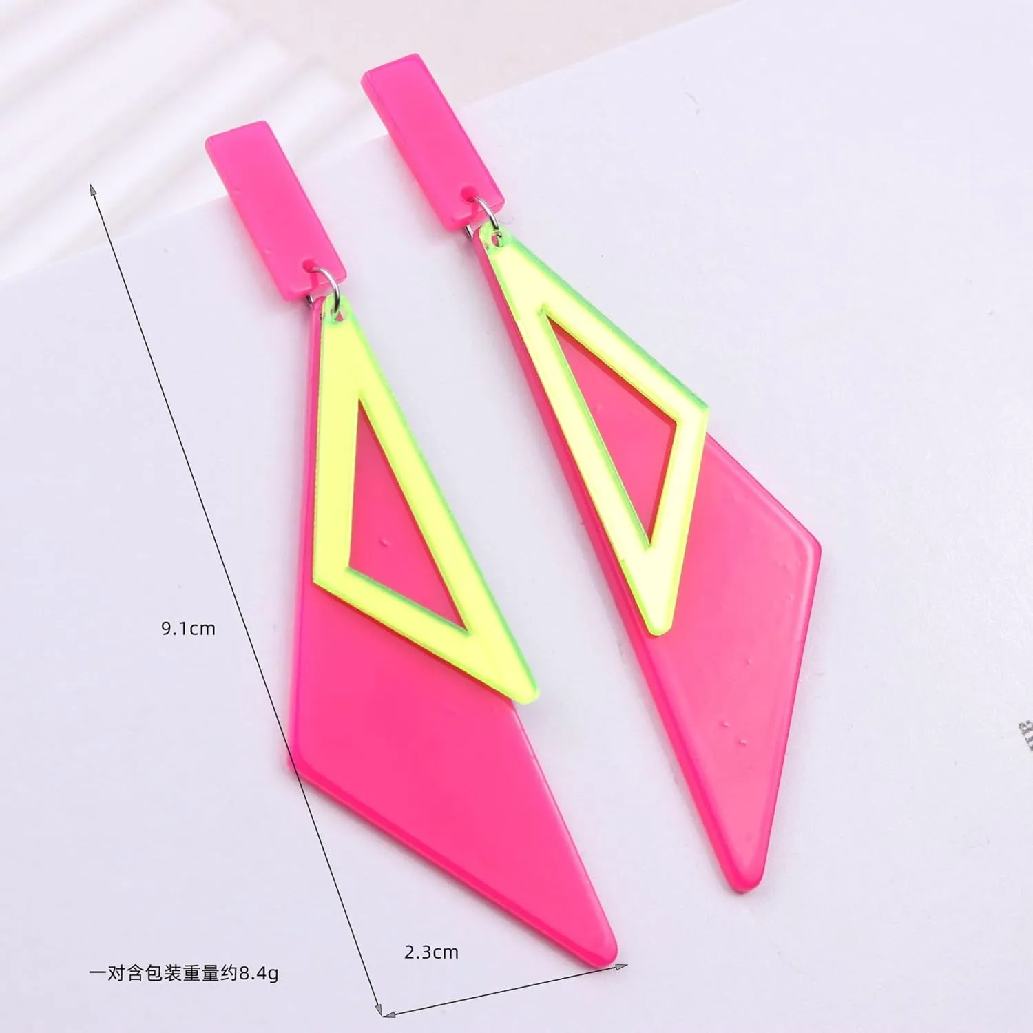 Retro Acrylic Geometric Double Triangle Long Dangle Drop Earrings Creative Exaggerated Fluorescent Geometric Statement Earrings for Women 80's Outfit Glow Party Jewelry Gifts