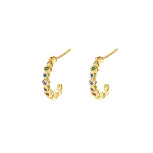 Retro Radiance: 925 Sterling Silver C-Shape Stud Earrings - Gold-Plated, Small, Colorful Zircon Studs for Women