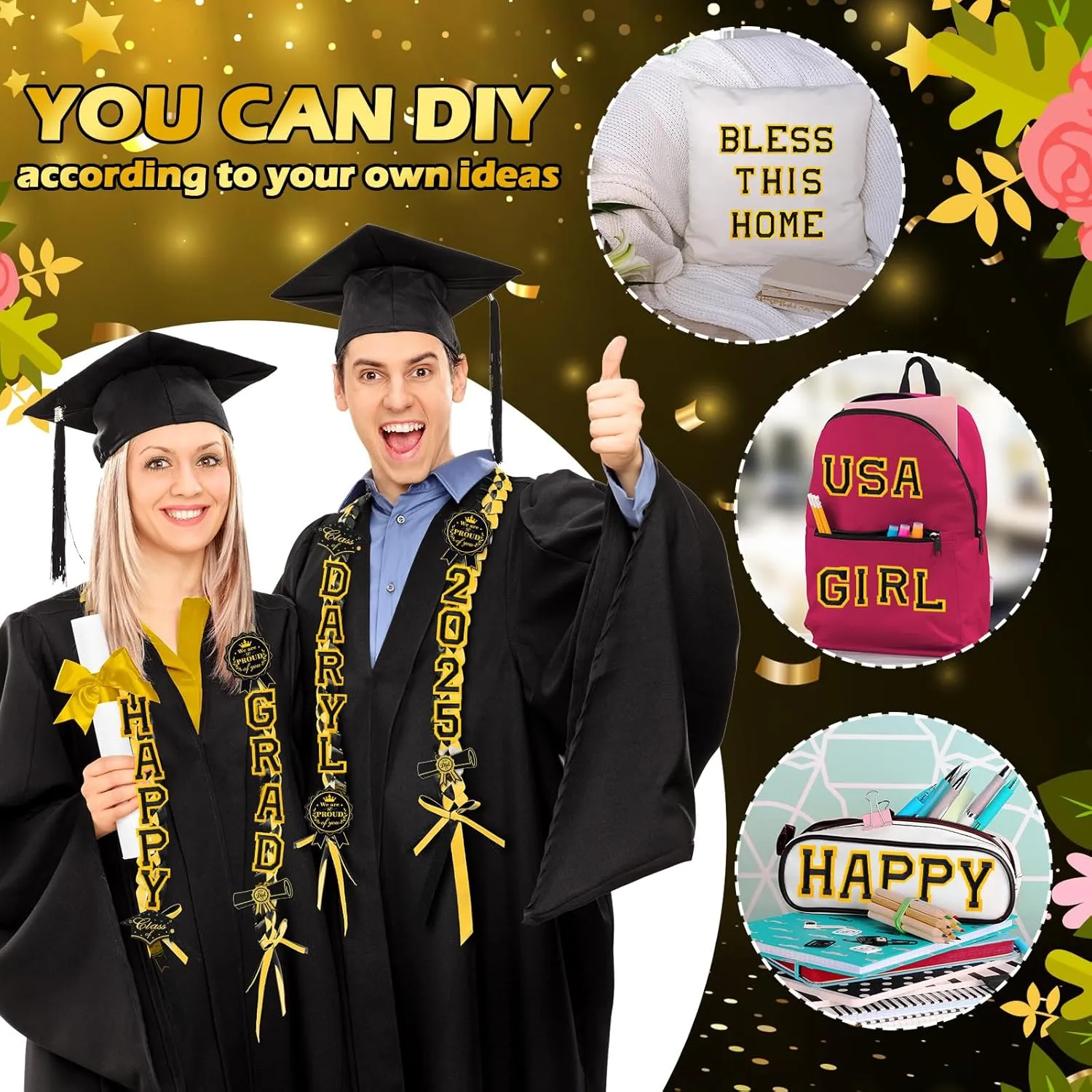 Spakon 62 Pcs Graduation Leis 2025 Graduation Ribbon Lei Necklace Decorations with Letter Wooden Pattern for Student