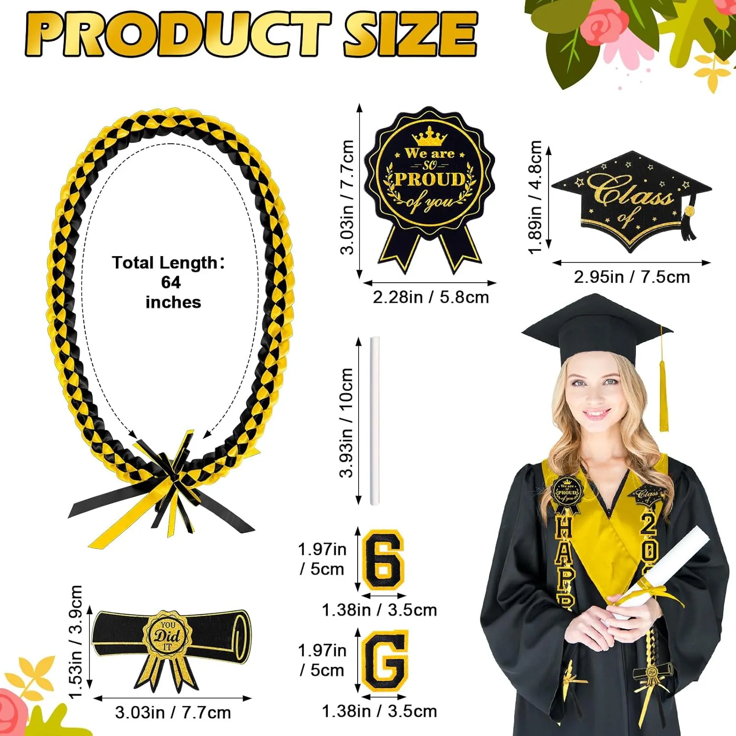 Spakon 62 Pcs Graduation Leis 2025 Graduation Ribbon Lei Necklace Decorations with Letter Wooden Pattern for Student