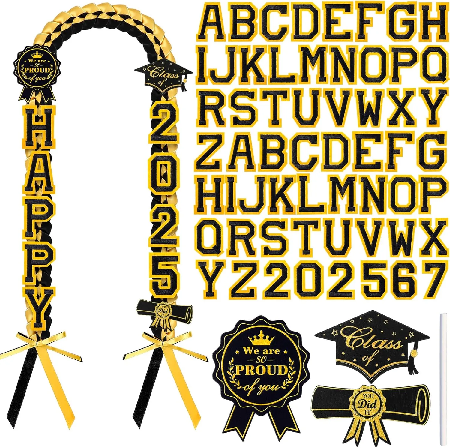 Spakon 62 Pcs Graduation Leis 2025 Graduation Ribbon Lei Necklace Decorations with Letter Wooden Pattern for Student