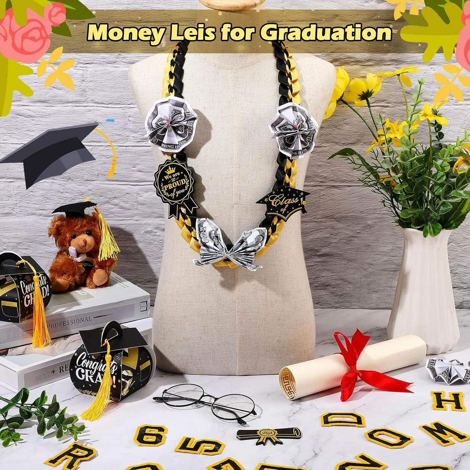 Spakon 62 Pcs Graduation Leis 2025 Graduation Ribbon Lei Necklace Decorations with Letter Wooden Pattern for Student