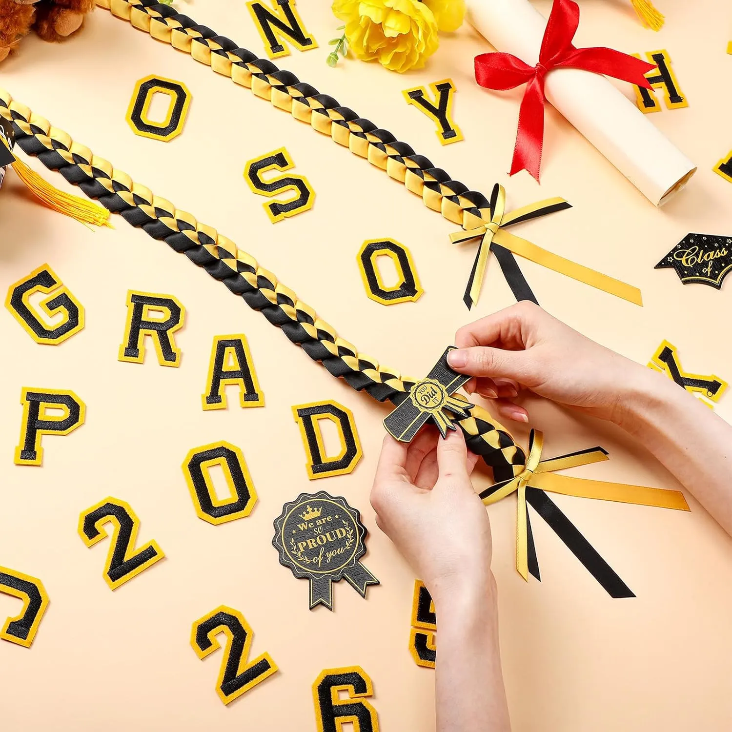 Spakon 62 Pcs Graduation Leis 2025 Graduation Ribbon Lei Necklace Decorations with Letter Wooden Pattern for Student