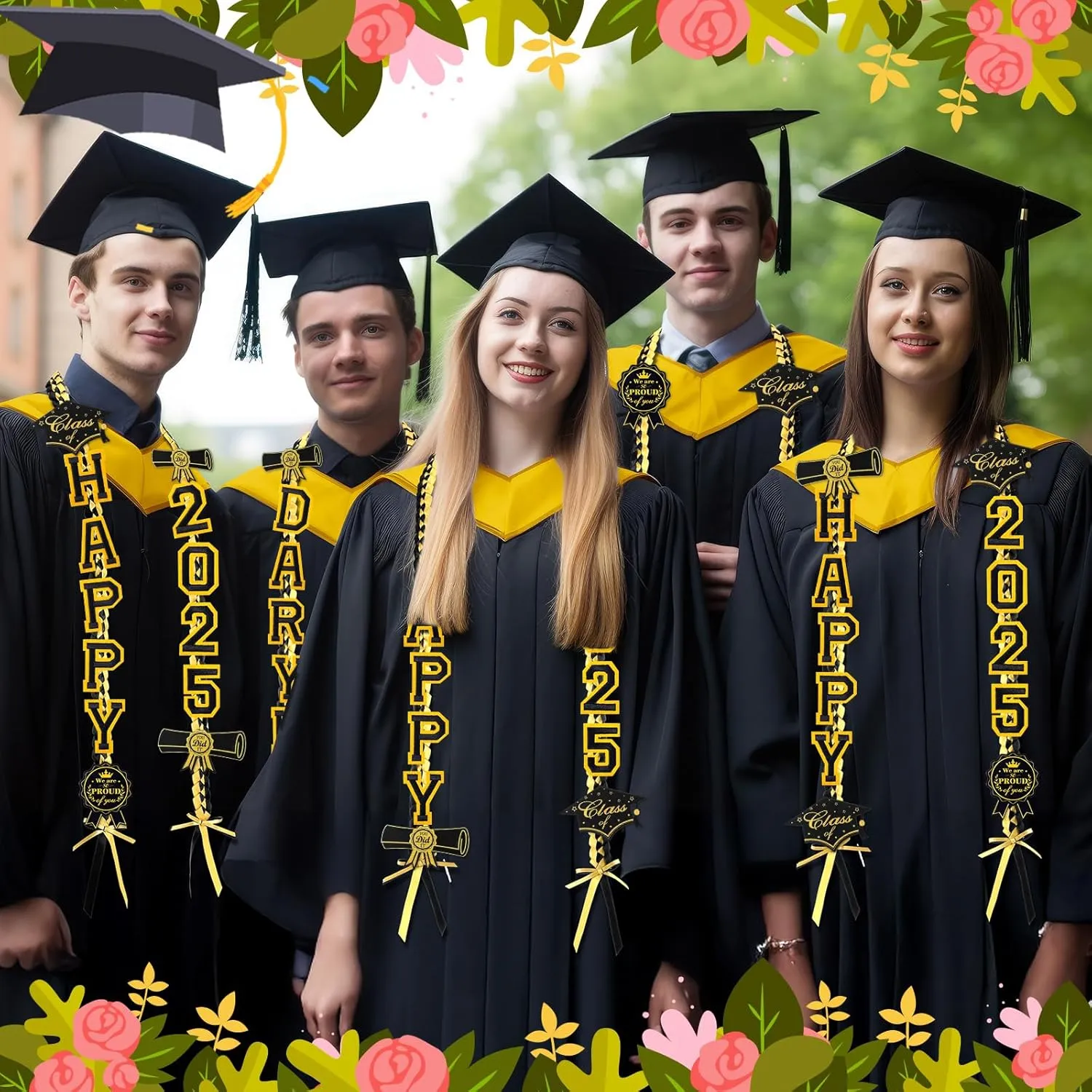 Spakon 62 Pcs Graduation Leis 2025 Graduation Ribbon Lei Necklace Decorations with Letter Wooden Pattern for Student