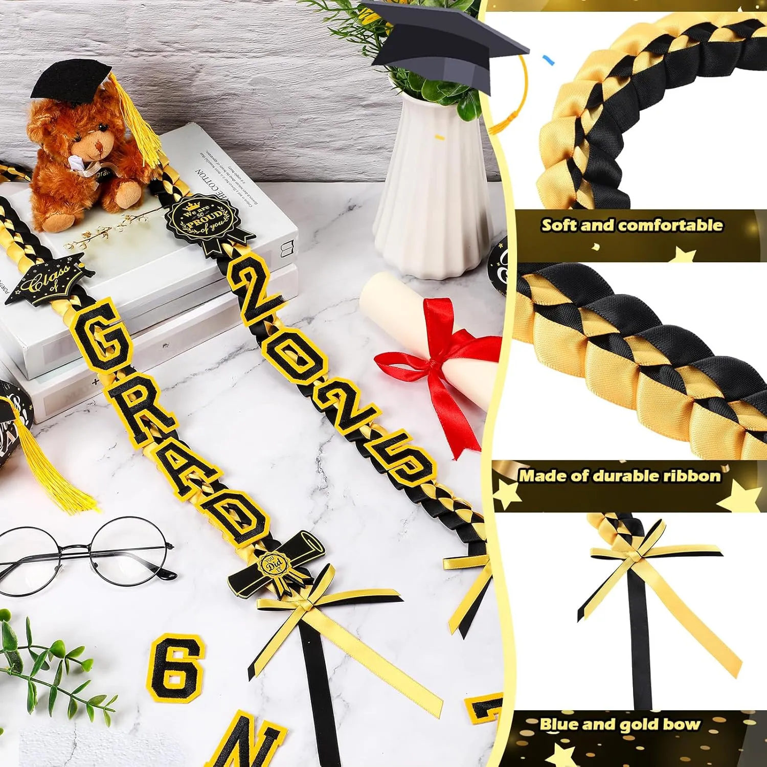 Spakon 62 Pcs Graduation Leis 2025 Graduation Ribbon Lei Necklace Decorations with Letter Wooden Pattern for Student