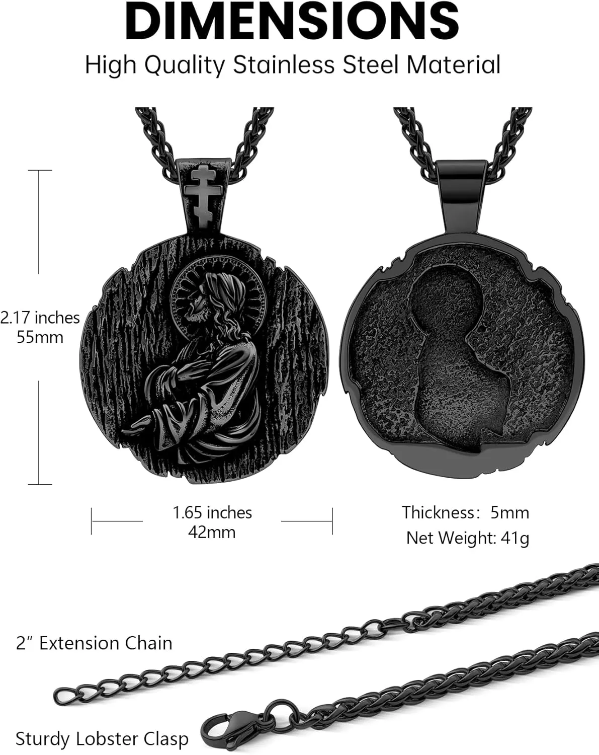 St Joseph/St Benedict/St Jesus Necklace, Christian Amulet Pendant for Men Women, 18K Gold/Black Metal/316L Stainless Steel Religious Amulets Pendant Necklace with Gift Box