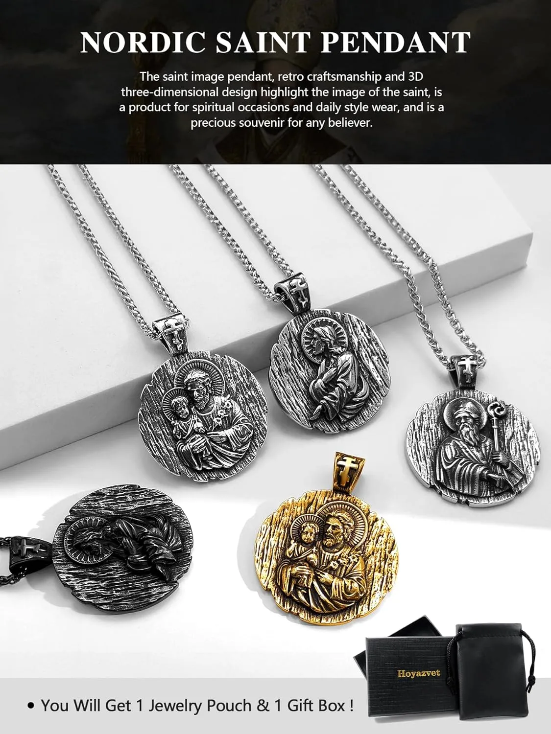 St Joseph/St Benedict/St Jesus Necklace, Christian Amulet Pendant for Men Women, 18K Gold/Black Metal/316L Stainless Steel Religious Amulets Pendant Necklace with Gift Box