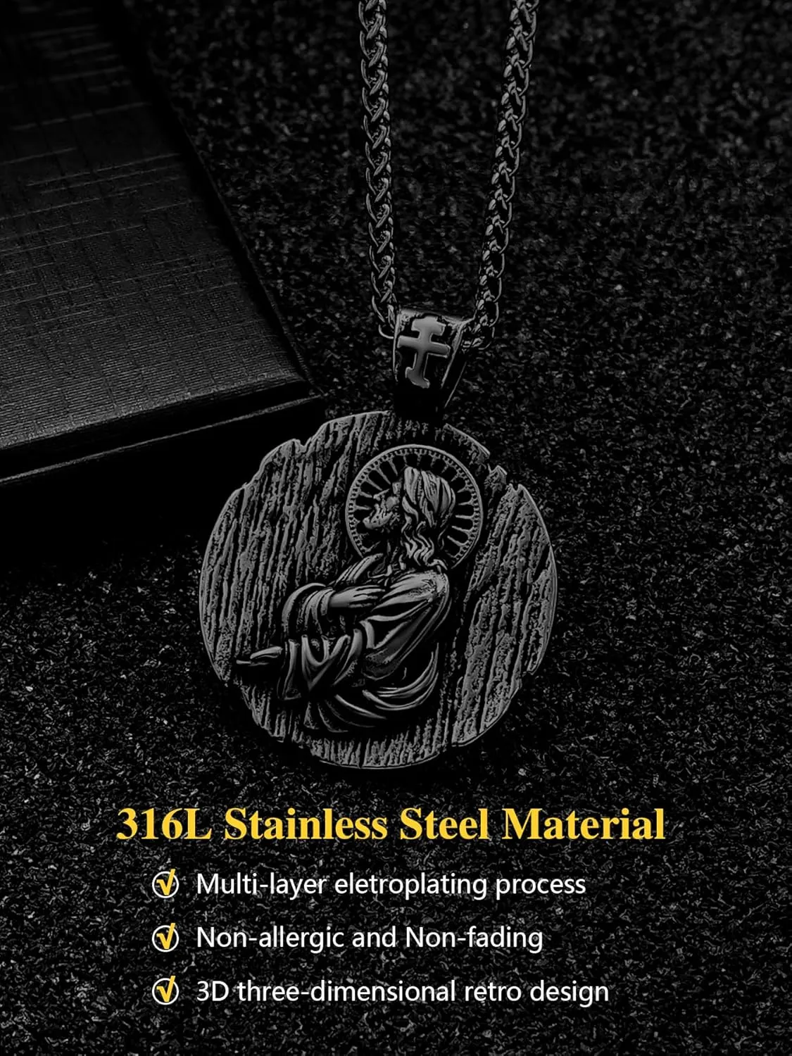 St Joseph/St Benedict/St Jesus Necklace, Christian Amulet Pendant for Men Women, 18K Gold/Black Metal/316L Stainless Steel Religious Amulets Pendant Necklace with Gift Box