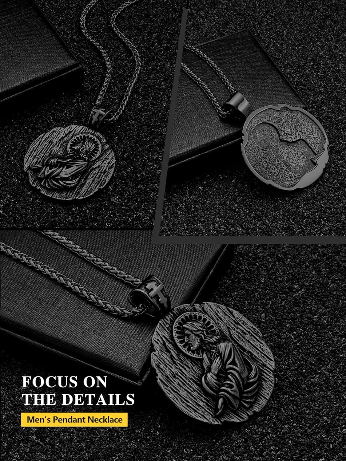 St Joseph/St Benedict/St Jesus Necklace, Christian Amulet Pendant for Men Women, 18K Gold/Black Metal/316L Stainless Steel Religious Amulets Pendant Necklace with Gift Box