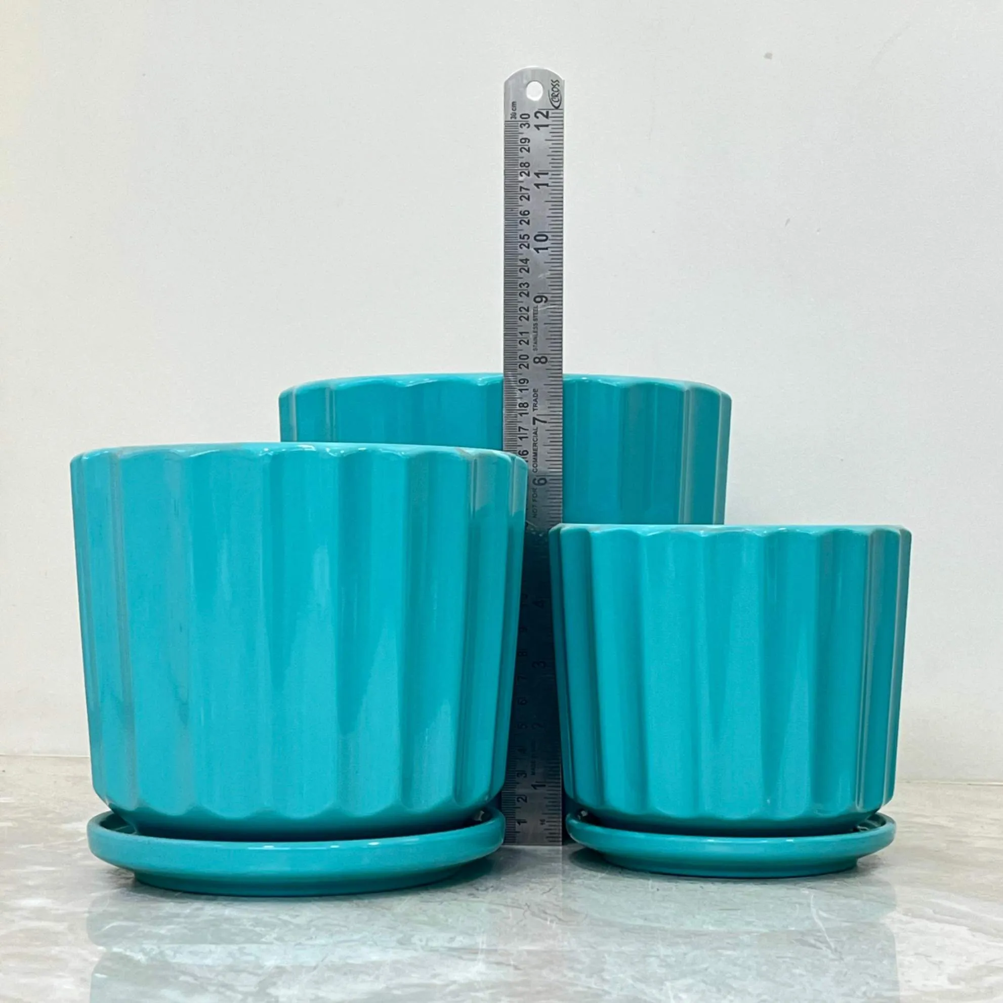 Teal Ribbed Ceramic Pot Set Of 3