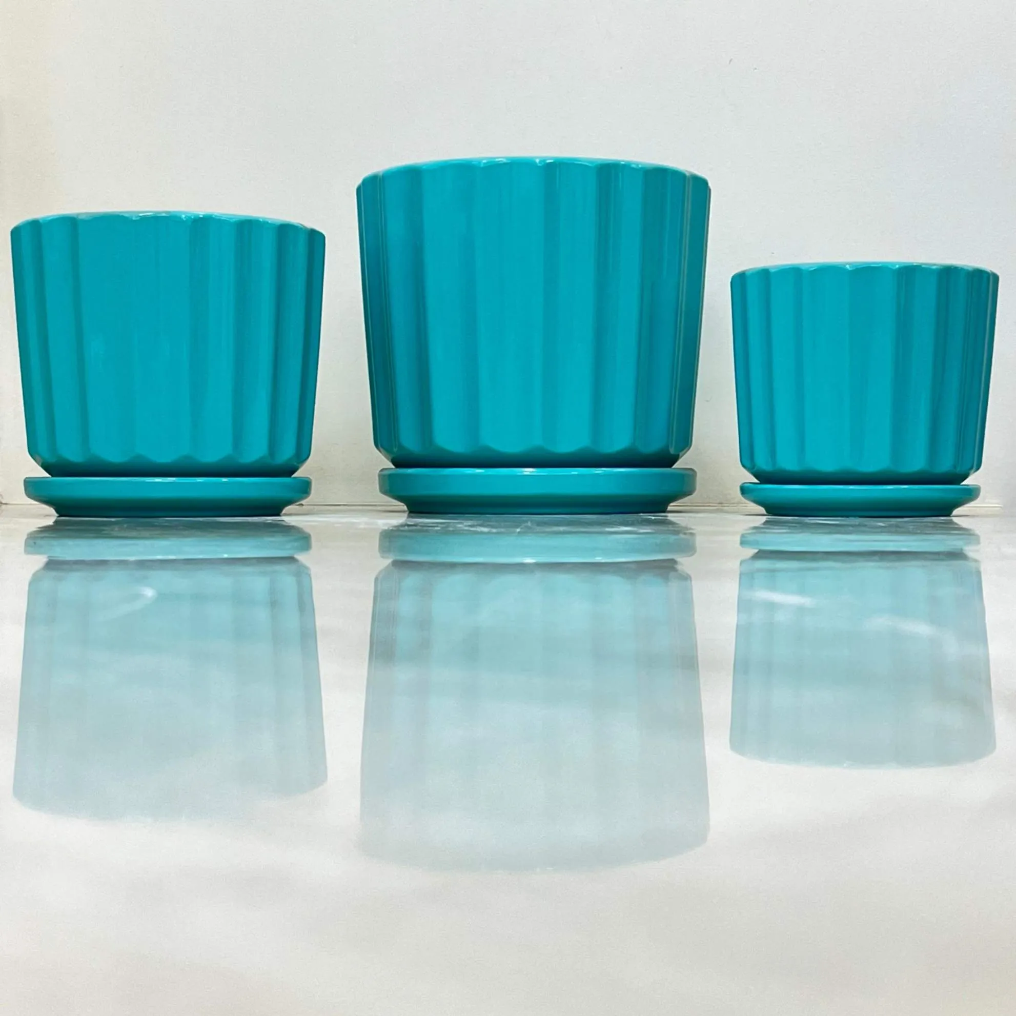 Teal Ribbed Ceramic Pot Set Of 3