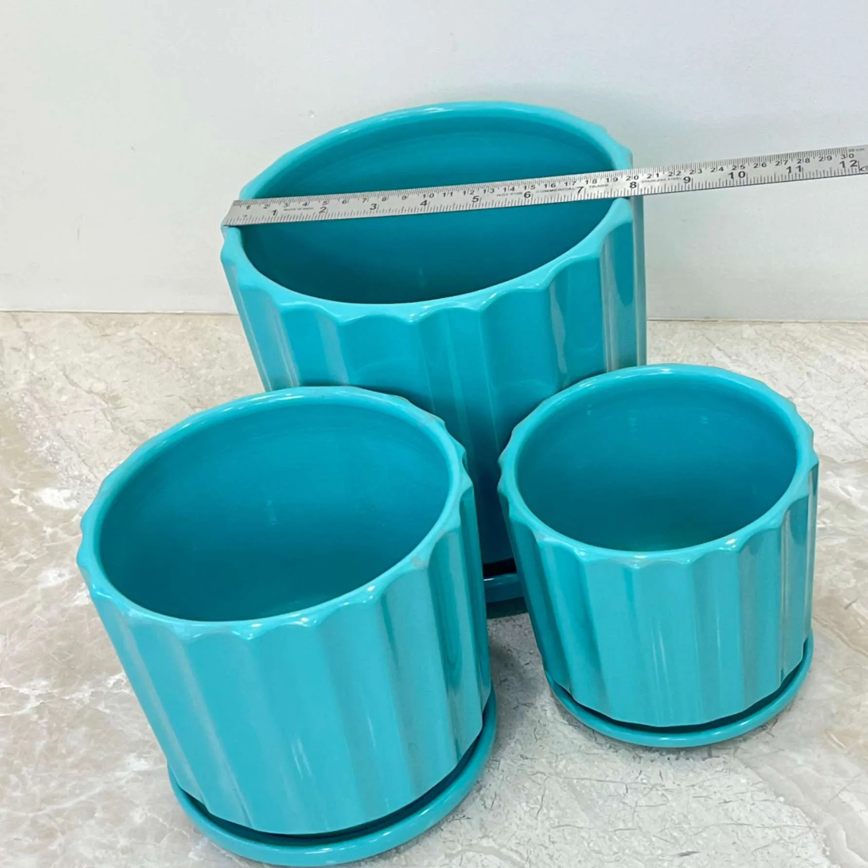 Teal Ribbed Ceramic Pot Set Of 3