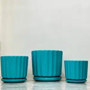 Teal Ribbed Ceramic Pot Set Of 3