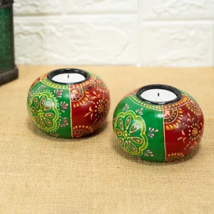 Tealight Candle Holder for Home Décor | Candle Stand for Diwali Decoration and Table Décor | Indoor and Outdoor Festival and Decorative Candles Gift Items (Handpainted Wooden - Set of 2)