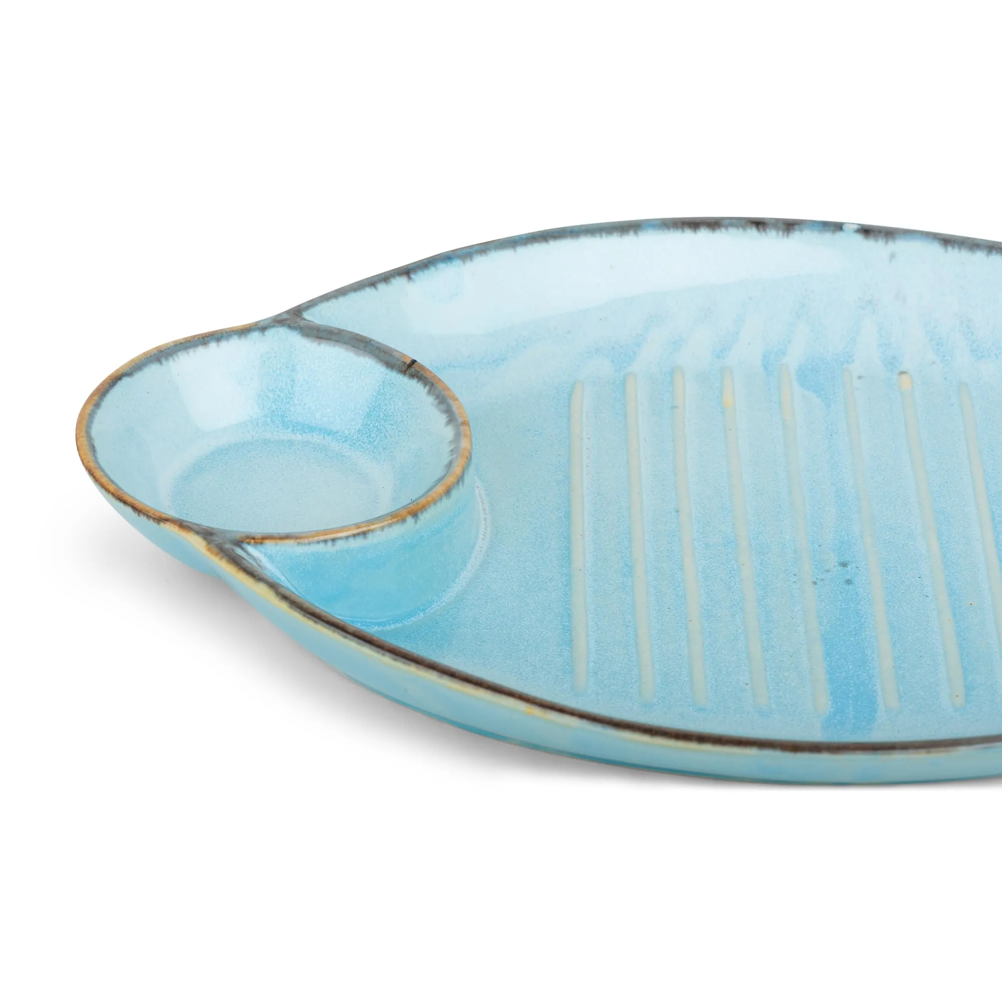 The Better Home Terra Series Ceramic Snack Tray with Dip Bowl | Chutney Bowl | Salsa Dip Tray (13 Inch)| Ceramic Serving Platter | Platter Tray | Snack Tray | Serving Plate Microwave Safe Plates-Blue