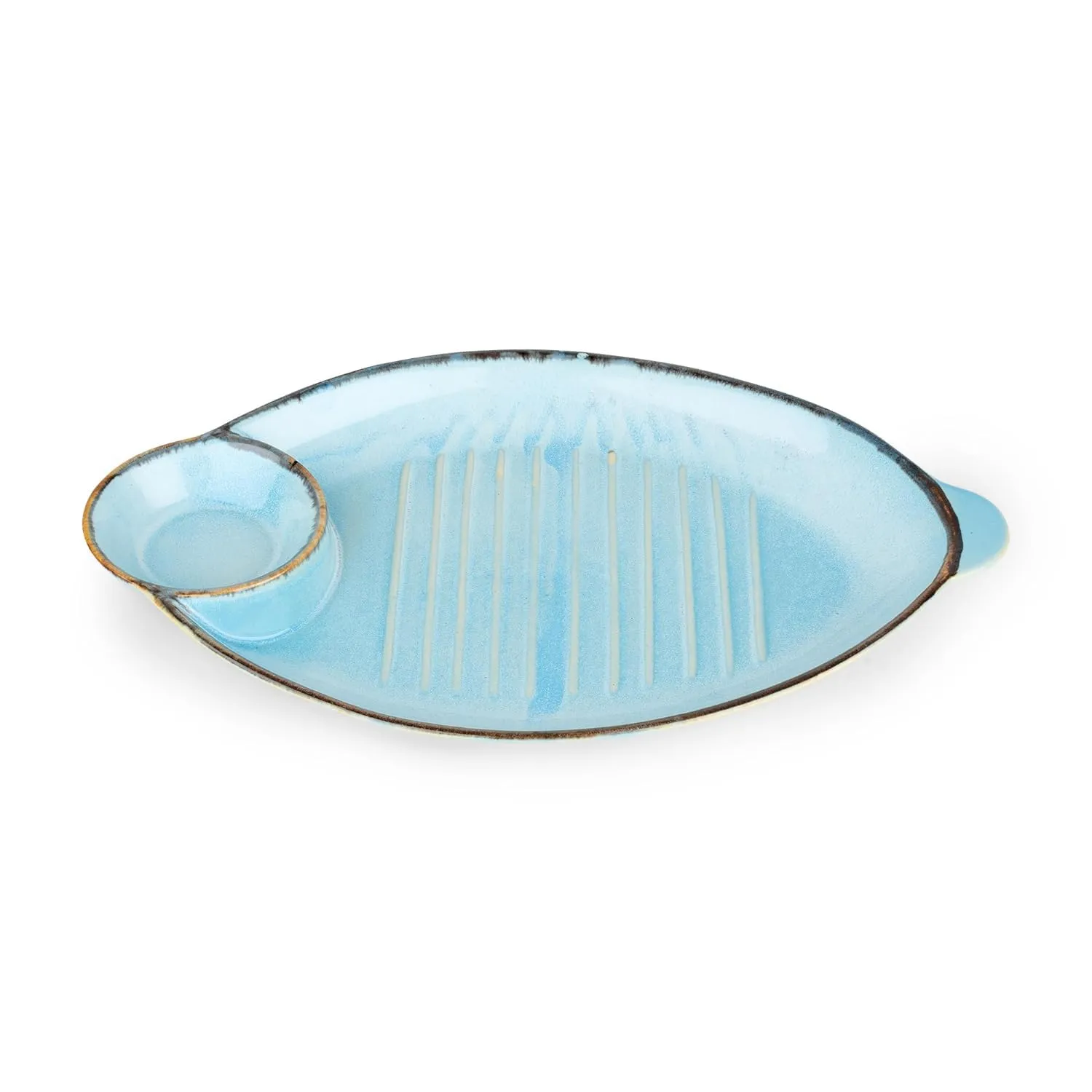 The Better Home Terra Series Ceramic Snack Tray with Dip Bowl | Chutney Bowl | Salsa Dip Tray (13 Inch)| Ceramic Serving Platter | Platter Tray | Snack Tray | Serving Plate Microwave Safe Plates-Blue