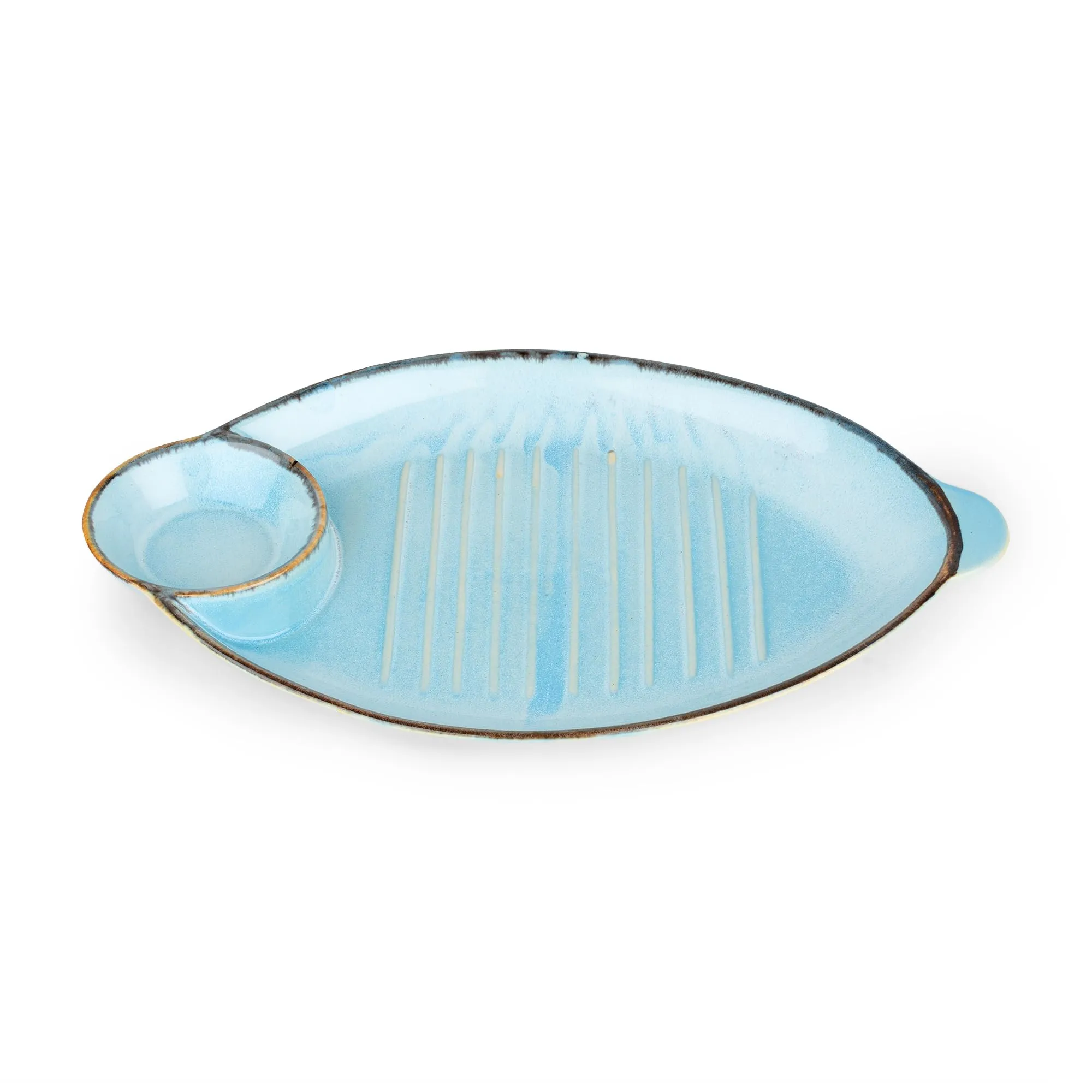 The Better Home Terra Series Ceramic Snack Tray with Dip Bowl | Chutney Bowl | Salsa Dip Tray (13 Inch)| Ceramic Serving Platter | Platter Tray | Snack Tray | Serving Plate Microwave Safe Plates-Blue