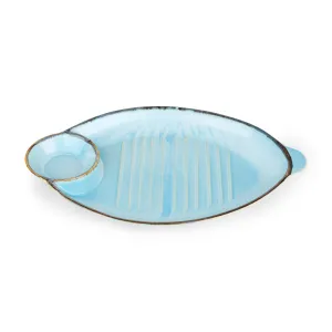 The Better Home Terra Series Ceramic Snack Tray with Dip Bowl | Chutney Bowl | Salsa Dip Tray (13 Inch)| Ceramic Serving Platter | Platter Tray | Snack Tray | Serving Plate Microwave Safe Plates-Blue