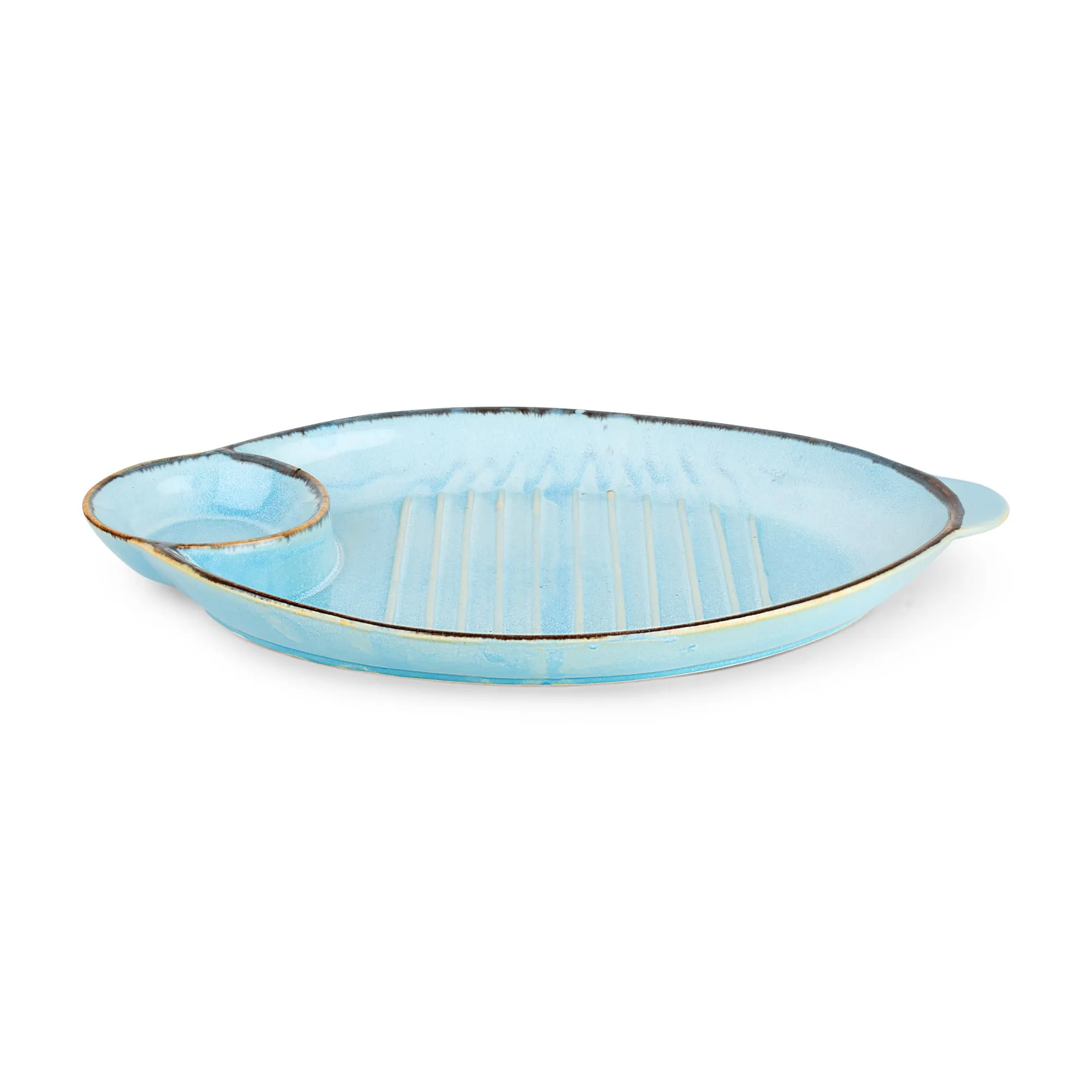 The Better Home Terra Series Ceramic Snack Tray with Dip Bowl | Chutney Bowl | Salsa Dip Tray (13 Inch)| Ceramic Serving Platter | Platter Tray | Snack Tray | Serving Plate Microwave Safe Plates-Blue