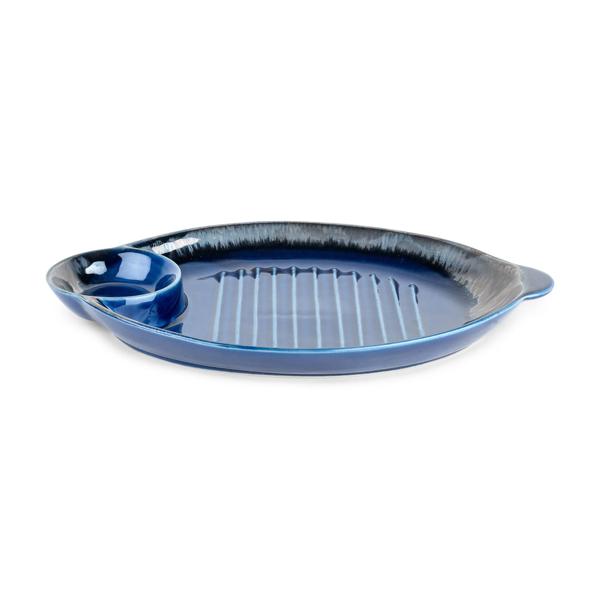 The Better HomeTerra Series Ceramic Snack Tray with Dip Bowl | Chutney Bowl | Salsa Dip Tray (13 Inch)| Ceramic Serving Platter | Platter Tray | Snack Tray | Serving Plate | Microwave Safe Plates-Navy