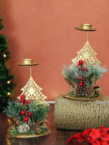 TIED RIBBONS Pack of 2 Christmas Wreath Candle Holder Stand for Pillar Candles Tealight Table Decoration Xmas Decor (15.2 cm x 8.8 cm) - Christmas Decorations Items for Home Office Church Gifts