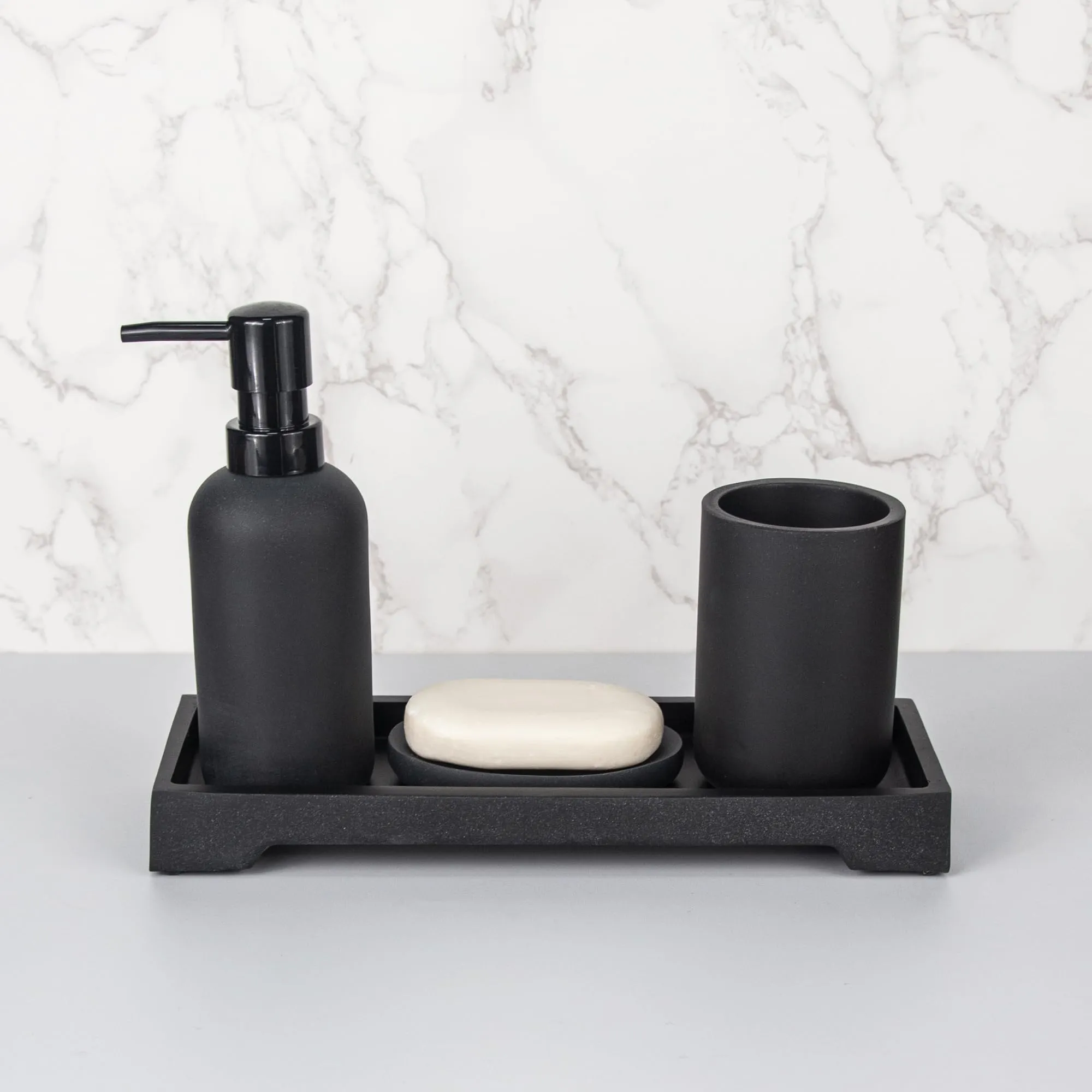 UMAI 4 Pcs Polyresin Bathroom Accessories Set - Soap Dispenser for Bathroom, Soap Holder for Bathroom, Tumbler & Tray | Bathroom Organiser | Handwash Dispenser | Moisture-Resistant | Black
